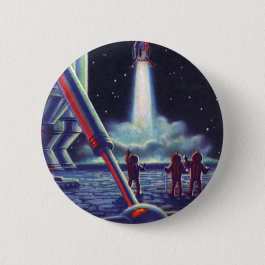 Vintage-Science-Fiction-Aliens-winken-einer-Rakete Button (Vorderseite)