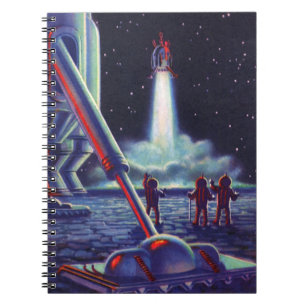 Vintage-Science-Fiction-Aliens winken einer Rakete Notizblock