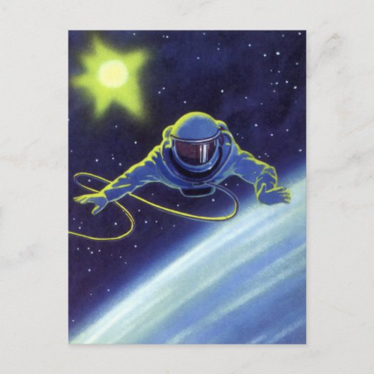 Vintage Science Fiction Astronaut auf einem Weltra Postkarte (Vorderseite)