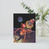 Vintage Science Fiction Astronaut mit Alien Robot Postkarte (Stehend Vorderseite)