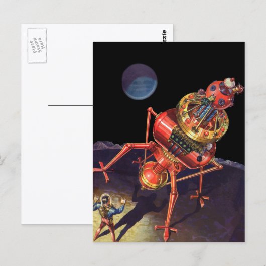 Vintage Science Fiction Astronaut mit Alien Robot Postkarte (Vorne/Hinten)