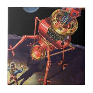 Vintage-Science-Fiction-Astronaut mit Alien-Robote Fliese