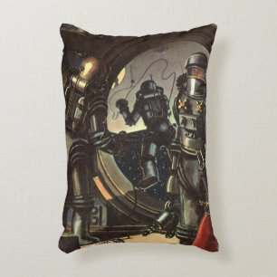 Vintage-Science-Fiction-Astronauten bei einem Welt Dekokissen