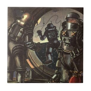 Vintage Science-Fiction-Astronauten bei einem Welt Fliese