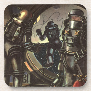 Vintage Science-Fiction-Astronauten bei einem Welt Untersetzer