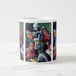 Vintage Science-Fiction-Astronauten reparieren ein Jumbo-Tasse
