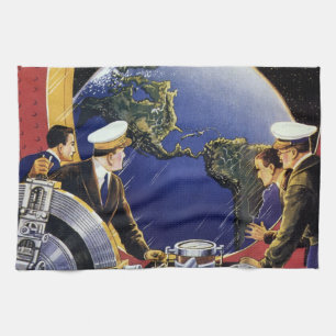 Vintage-Science-Fiction-Astronauten umkreisen die  Handtuch