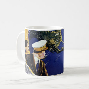 Vintage-Science-Fiction-Astronauten umkreisen die  Kaffeetasse