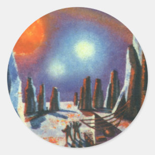 Vintage Science-Fiction-Außenplaneten mit Aliens Runder Aufkleber