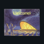 Vintage Science Fiction-Außerirdische auf blauem Fußmatte<br><div class="desc">Einfach,  diese Fußmatte mit Ihrem kundenspezifischen Text zu personifizieren!
Vintage Illustration futuristische Science Fiction-Außerirdische und -roboter im Weltraumbild. Ein klassischer Comicbuchentwurf,  der freundliche alienastronauten auf einem fremden Planeten oder einem Mond an einer Raumstation oben schaut und wellenartig bewegt an der Erde kennzeichnet. Sterne funkeln im nächtlichen Himmel.</div>