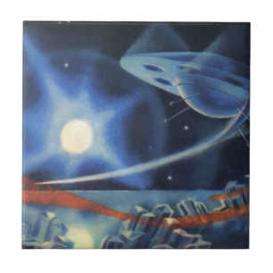 Vintage Science-Fiction blauer Planet mit Raumschi Fliese