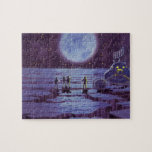 Vintage Science Fiction Erde Rover Außerirdischen  Puzzle<br><div class="desc">Vintage Illustration futuristische Außerirdischen und Roboter Science Fiction Bild mit einem klassischen 50er Comic Buch Design. Retro-Sci-Fi-Design mit Alien-Astronauten auf einem fremden Planeten mit einem Raumfahrzeug,  Mondrover oder Mondrover und Blick auf die Erde und den Weltraum und winkend. Ein dunkler Himmel mit hellen Sternen und Planeten.</div>
