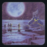 Vintage Science Fiction Erde Rover Außerirdischen  Quadratischer Aufkleber<br><div class="desc">Vintage Illustration futuristische Außerirdischen und Roboter Science Fiction Bild mit einem klassischen 50er Comic Buch Design. Retro-Sci-Fi-Design mit Alien-Astronauten auf einem fremden Planeten mit einem Raumfahrzeug,  Mondrover oder Mondrover und Blick auf die Erde und den Weltraum und winkend. Ein dunkler Himmel mit hellen Sternen und Planeten.</div>