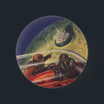 Vintage Science Fiction, Futuristic City on Moon Button<br><div class="desc">Vintage illustration travel and transportation science fiction image featuring a classic comic book retro sci fi outer space and planets image of astronauts or aliens traveling in a spaceship flying over a futuristic metropolis on the moon.</div>