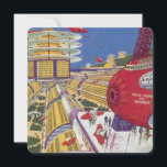 Vintage Science Fiction, futuristische New York Ci<br><div class="desc">Vintages Bild der Reise und der Science Fiction des Transports mit einem futuristischen Flughafen mit einem Flugzeug,  das von New York City in den USA nach Sydney,  Australien fliegt. Ein klassisches Comic Buch Zukunft Retro-Sci-Fi-Design mit Menschen in persönlichen fliegenden Flugzeug-Autos.</div>