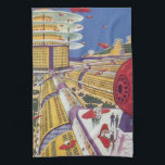 Vintage Science Fiction, futuristische New York Ci Handtuch<br><div class="desc">Vintages Bild der Reise und der Science Fiction des Transports mit einem futuristischen Flughafen mit einem Flugzeug,  das von New York City in den USA nach Sydney,  Australien fliegt. Ein klassisches Comic Buch Zukunft Retro-Sci-Fi-Design mit Menschen in persönlichen fliegenden Flugzeug-Autos.</div>