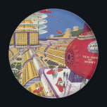 Vintage Science Fiction, futuristische New York Ci Magnet<br><div class="desc">Vintages Bild der Reise und der Science Fiction des Transports mit einem futuristischen Flughafen mit einem Flugzeug,  das von New York City in den USA nach Sydney,  Australien fliegt. Ein klassisches Comic Buch Zukunft Retro-Sci-Fi-Design mit Menschen in persönlichen fliegenden Flugzeug-Autos.</div>