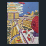 Vintage Science Fiction, futuristische New York Ci Notizblock<br><div class="desc">Vintages Bild der Reise und der Science Fiction des Transports mit einem futuristischen Flughafen mit einem Flugzeug,  das von New York City in den USA nach Sydney,  Australien fliegt. Ein klassisches Comic Buch Zukunft Retro-Sci-Fi-Design mit Menschen in persönlichen fliegenden Flugzeug-Autos.</div>
