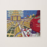 Vintage Science Fiction, futuristische New York Ci Puzzle<br><div class="desc">Vintages Bild der Reise und der Science Fiction des Transports mit einem futuristischen Flughafen mit einem Flugzeug, das von New York City in den USA nach Sydney, Australien fliegt. Ein klassisches Comic Buch Zukunft Retro-Sci-Fi-Design mit Menschen in persönlichen fliegenden Flugzeug-Autos.</div>