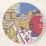 Vintage Science Fiction, futuristische New York Ci Sandstein Untersetzer<br><div class="desc">Vintages Bild der Reise und der Science Fiction des Transports mit einem futuristischen Flughafen mit einem Flugzeug, das von New York City in den USA nach Sydney, Australien fliegt. Ein klassisches Comic Buch Zukunft Retro-Sci-Fi-Design mit Menschen in persönlichen fliegenden Flugzeug-Autos.</div>