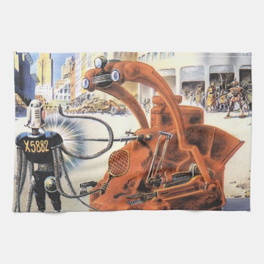 Vintage Science Fiction Futuristische Stadt Alien Geschirrtuch (Horizontal)