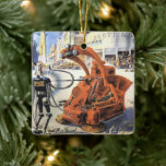 Vintage Science Fiction Futuristische Stadt Alien  Keramikornament<br><div class="desc">Vintage Illustration futuristische Science Fiction Außerirdischen und Roboter Image. Ein klassisches Retro-Sci-Fi-futuristisches Design mit Außerirdischen in einem Kampf oder Kampf in einer Metropole der Zukunft mit Gebäude in Ruinen überall um sie herum.</div>