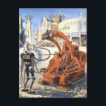 Vintage Science Fiction Futuristische Stadt Alien  Postkarte<br><div class="desc">Vintage Illustration futuristische Science Fiction Außerirdischen und Roboter Image. Ein klassisches Retro-Sci-Fi-futuristisches Design mit Außerirdischen in einem Kampf oder Kampf in einer Metropole der Zukunft mit Gebäude in Ruinen überall um sie herum.</div>