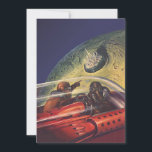 Vintage Science Fiction, futuristische Stadt auf d<br><div class="desc">Vintages Bild der Reise und der Science Fiction des Transports mit einem klassischen Comic-Buch Retro-SciFi Weltraum und Planeten-Bild von Astronauten oder Außerirdischen reisen in einem Raumschiff über eine futuristische Metropole auf dem Mond.</div>