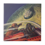 Vintage Science Fiction, futuristische Stadt auf d Fliese<br><div class="desc">Vintages Bild der Reise und der Science Fiction des Transports mit einem klassischen Comic-Buch Retro-SciFi Weltraum und Planeten-Bild von Astronauten oder Außerirdischen reisen in einem Raumschiff über eine futuristische Metropole auf dem Mond.</div>