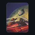 Vintage Science Fiction, futuristische Stadt auf d Magnet<br><div class="desc">Vintages Bild der Reise und der Science Fiction des Transports mit einem klassischen Comic-Buch Retro-SciFi Weltraum und Planeten-Bild von Astronauten oder Außerirdischen reisen in einem Raumschiff über eine futuristische Metropole auf dem Mond.</div>