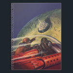 Vintage Science Fiction, futuristische Stadt auf d Notizblock<br><div class="desc">Vintages Bild der Reise und der Science Fiction des Transports mit einem klassischen Comic-Buch Retro-SciFi Weltraum und Planeten-Bild von Astronauten oder Außerirdischen reisen in einem Raumschiff über eine futuristische Metropole auf dem Mond.</div>