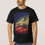 Vintage Science Fiction, futuristische Stadt auf d T-Shirt<br><div class="desc">Vintages Bild der Reise und der Science Fiction des Transports mit einem klassischen Comic-Buch Retro-SciFi Weltraum und Planeten-Bild von Astronauten oder Außerirdischen reisen in einem Raumschiff über eine futuristische Metropole auf dem Mond.</div>