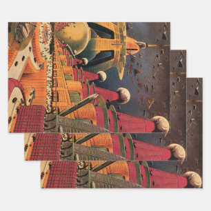 Vintage Science-Fiction futuristische Stadt fliege Geschenkpapier Set
