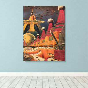 Vintage Science-Fiction futuristische Stadt fliege Leinwanddruck