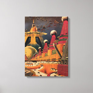 Vintage Science-Fiction futuristische Stadt fliege Leinwanddruck