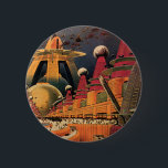 Vintage Science Fiction Futuristische Stadt Flying Button<br><div class="desc">Vintages Bild der Reise-und Transport-Science Fiction mit einem klassischen Comic-Buch Retro sci,  wenn urbane Umgebung mit einer Stadt der Zukunft. Die architektonischen Gebäude sind wie Kegel geformt und die Fahrzeuge fliegen wie Vögel,  während sich Menschenmassen durch die Metropole bewegen.</div>