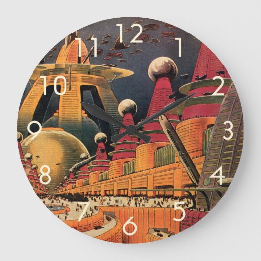 Vintage Science Fiction Futuristische Stadt Flying Große Wanduhr (Vorderseite)