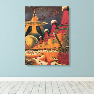Vintage Science Fiction Futuristische Stadt Flying Leinwanddruck