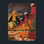 Vintage Science Fiction Futuristische Stadt Flying Magnet<br><div class="desc">Vintages Bild der Reise-und Transport-Science Fiction mit einem klassischen Comic-Buch Retro sci,  wenn urbane Umgebung mit einer Stadt der Zukunft. Die architektonischen Gebäude sind wie Kegel geformt und die Fahrzeuge fliegen wie Vögel,  während sich Menschenmassen durch die Metropole bewegen.</div>