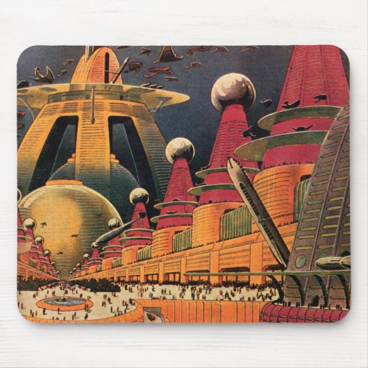 Vintage Science Fiction Futuristische Stadt Flying Mousepad (Vorne)