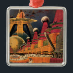 Vintage Science Fiction Futuristische Stadt Flying Ornament Aus Metall<br><div class="desc">Vintages Bild der Reise-und Transport-Science Fiction mit einem klassischen Comic-Buch Retro sci,  wenn urbane Umgebung mit einer Stadt der Zukunft. Die architektonischen Gebäude sind wie Kegel geformt und die Fahrzeuge fliegen wie Vögel,  während sich Menschenmassen durch die Metropole bewegen.</div>