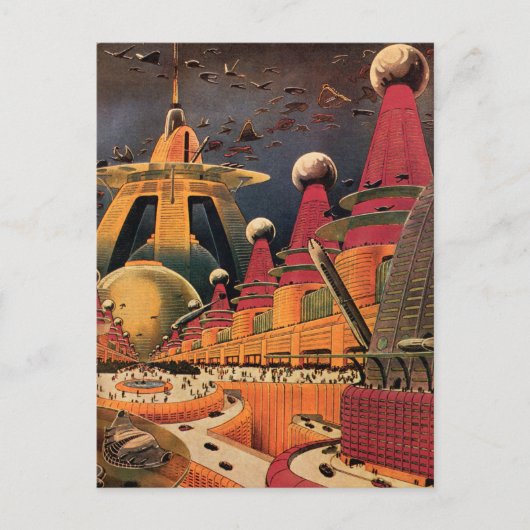 Vintage Science Fiction Futuristische Stadt Flying Postkarte (Vorderseite)