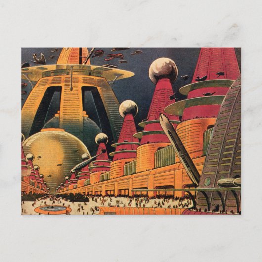 Vintage Science Fiction Futuristische Stadt Flying Postkarte (Vorderseite)