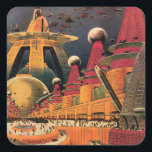 Vintage Science Fiction Futuristische Stadt Flying Quadratischer Aufkleber<br><div class="desc">Vintages Bild der Reise-und Transport-Science Fiction mit einem klassischen Comic-Buch Retro sci, wenn urbane Umgebung mit einer Stadt der Zukunft. Die architektonischen Gebäude sind wie Kegel geformt und die Fahrzeuge fliegen wie Vögel, während sich Menschenmassen durch die Metropole bewegen.</div>