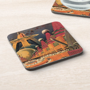 Vintage Science Fiction Futuristische Stadt Flying Untersetzer