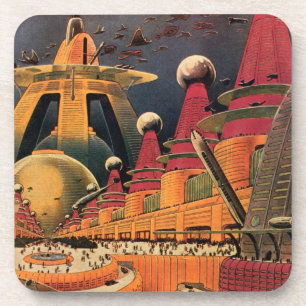Vintage Science Fiction Futuristische Stadt Flying Untersetzer