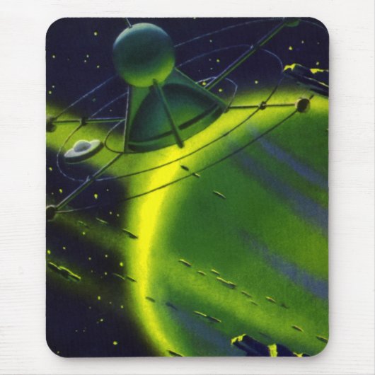 Vintage Science Fiction Grüner Planet w Raumschiff Mousepad (Vorne)