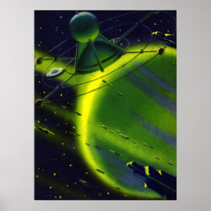 Vintage Science Fiction Grüner Planet w Raumschiff Poster