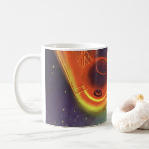 Vintage Science-Fiction, leuchtende Rakete im Welt Kaffeetasse