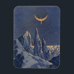 Vintage Science Fiction, Mondschneeplanet Magnet<br><div class="desc">Vintage Illustration futuristische Science Fiction Planeten und Weltraumbild. Ein 50er Retro-Sci-Fi-Comic Buch-Design mit einem fremden Planeten bedeckt mit Eis und Schnee in der Nacht mit einem Halbmond über den Bergen im Winter.</div>